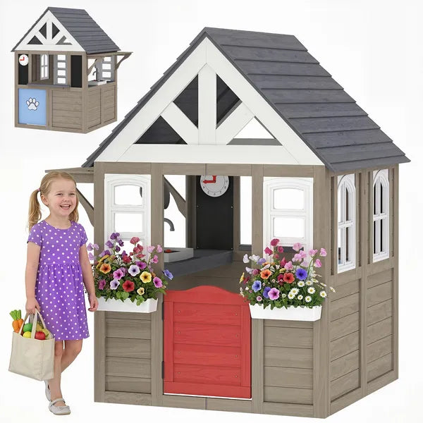 Outdoor Playhouse, Wooden Kids Playhouse with Dog Door, Flower Box, Cookware and Window for Garden Ages 2+, Gray - product image 1
