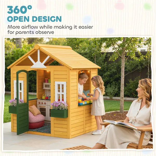 Qaba Wooden Outdoor Kids Playhouse with Door 3 Windows and 2 Flower Boxes Brown Ages 3-8 - product image 6