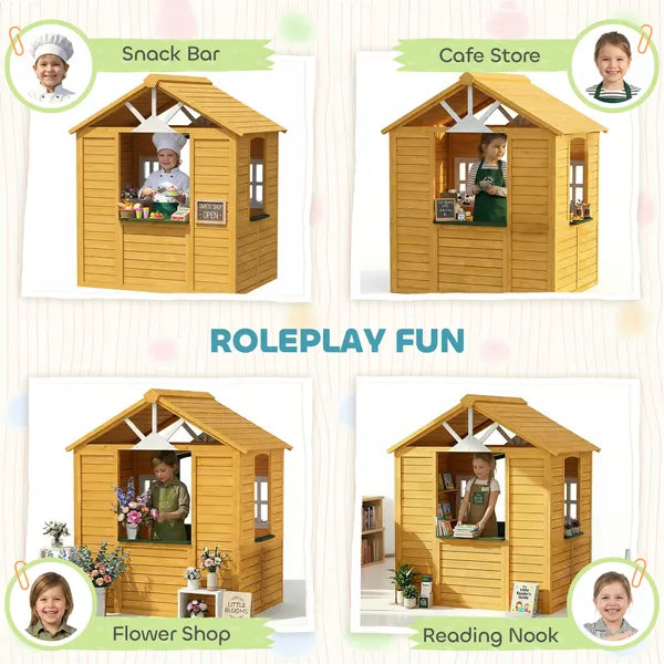 Qaba Wooden Outdoor Kids Playhouse with Door 3 Windows and 2 Flower Boxes Brown Ages 3-8 - product image 5