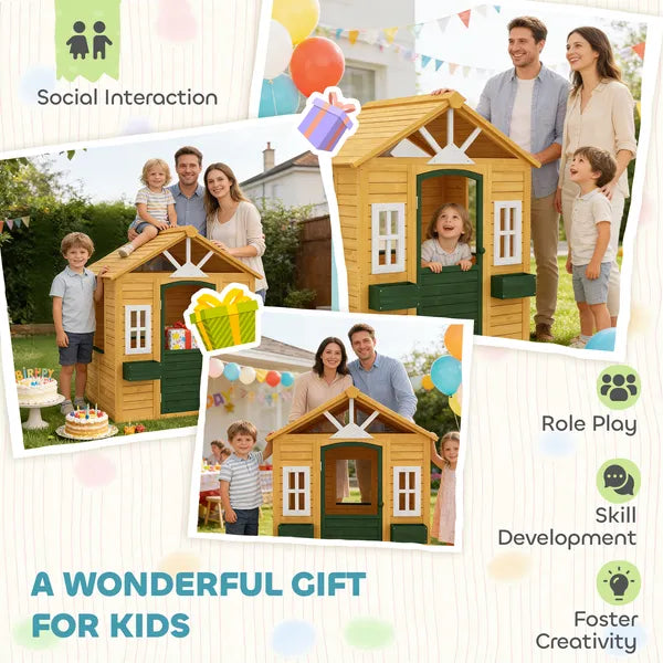 Qaba Wooden Outdoor Kids Playhouse with Door 3 Windows and 2 Flower Boxes Brown Ages 3-8 - product image 7