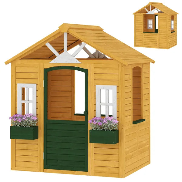 Qaba Wooden Outdoor Kids Playhouse with Door 3 Windows and 2 Flower Boxes Brown Ages 3-8 - product image 1