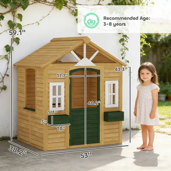 Qaba Wooden Outdoor Kids Playhouse with Door 3 Windows and 2 Flower Boxes Brown Ages 3-8 - product image 2