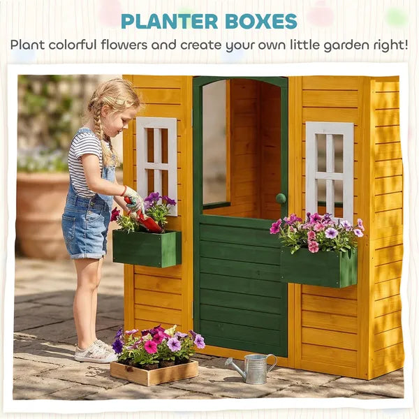 Qaba Wooden Outdoor Kids Playhouse with Door 3 Windows and 2 Flower Boxes Brown Ages 3-8 - product image 4