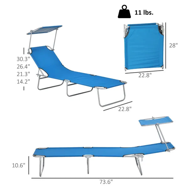 Outdoor Pool Chaise Lounge Chair, Folding Tanning Chair with Sun Shade, Blue - product image 3