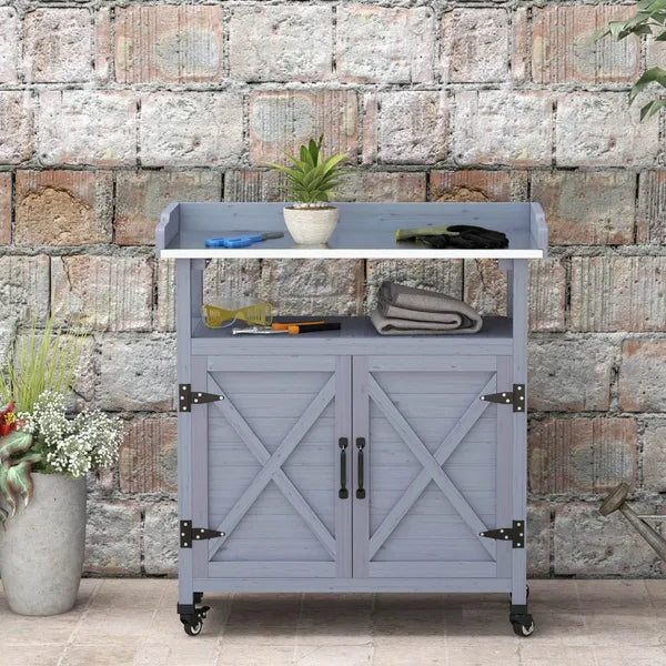 Outdoor Potting Bench with Storage Cabinet Aluminum Tabletop Rubber Wheels for Patio Backyard Balcony Gray - product image 7