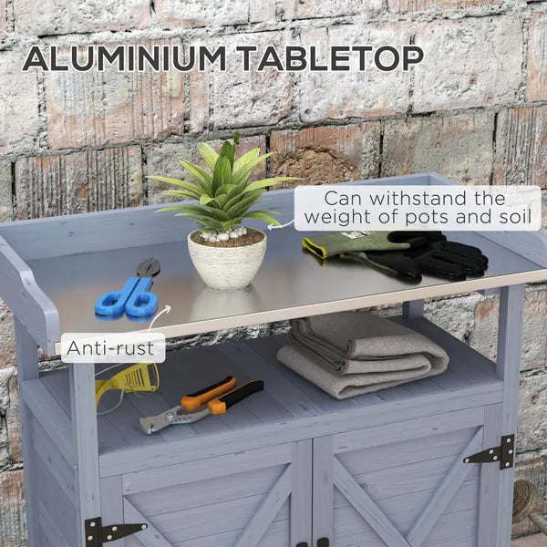Outdoor Potting Bench with Storage Cabinet Aluminum Tabletop Rubber Wheels for Patio Backyard Balcony Gray - product image 4