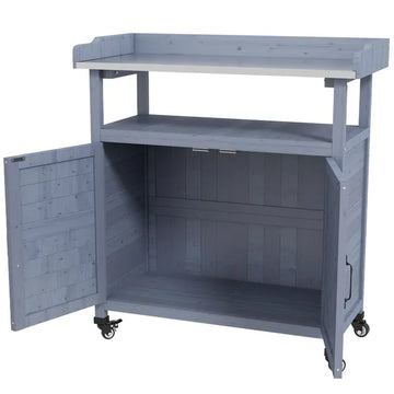 Outdoor Potting Bench with Storage Cabinet Aluminum Tabletop Rubber Wheels for Patio Backyard Balcony Gray - product image 1