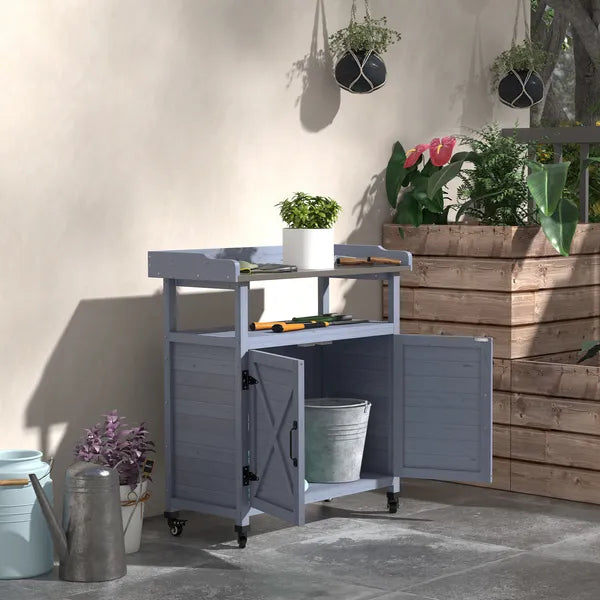 Outdoor Potting Bench with Storage Cabinet Aluminum Tabletop Rubber Wheels for Patio Backyard Balcony Gray - product image 2