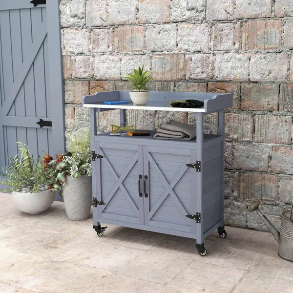 Outdoor Potting Bench with Storage Cabinet Aluminum Tabletop Rubber Wheels for Patio Backyard Balcony Gray - product image 8