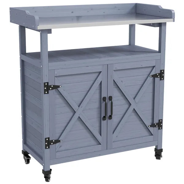 Outdoor Potting Bench with Storage Cabinet Aluminum Tabletop Rubber Wheels for Patio Backyard Balcony Gray - product image 11
