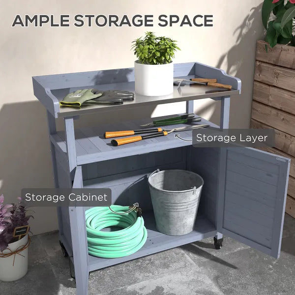 Outdoor Potting Bench with Storage Cabinet Aluminum Tabletop Rubber Wheels for Patio Backyard Balcony Gray - product image 6