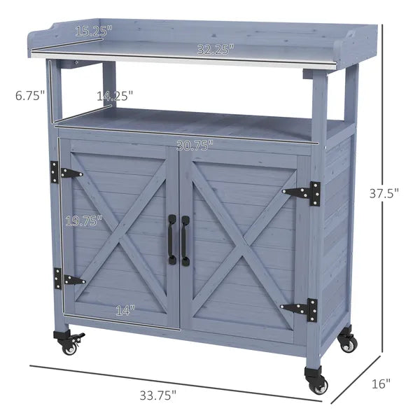 Outdoor Potting Bench with Storage Cabinet Aluminum Tabletop Rubber Wheels for Patio Backyard Balcony Gray - product image 3