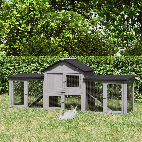 PawHut Outdoor Rabbit House 83" 2 Story Deluxe XL Wooden Rabbit Hutch Big Bunny Cage with Ladder and Run, Gray - product image 10