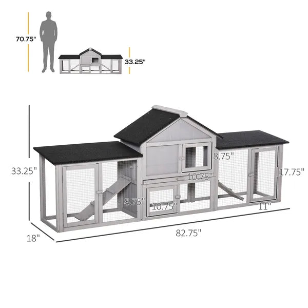 PawHut Outdoor Rabbit House 83" 2 Story Deluxe XL Wooden Rabbit Hutch Big Bunny Cage with Ladder and Run, Gray - product image 3