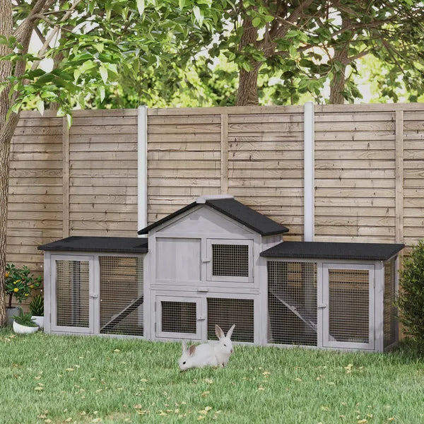 PawHut Outdoor Rabbit House 83" 2 Story Deluxe XL Wooden Rabbit Hutch Big Bunny Cage with Ladder and Run, Gray - product image 2