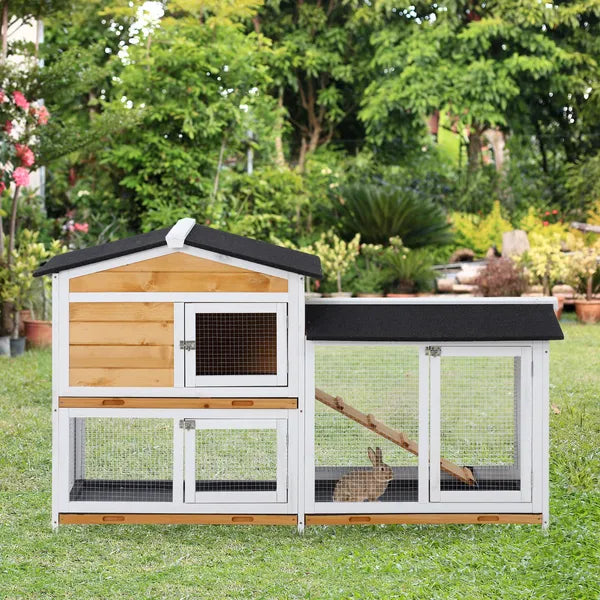 PawHut Outdoor Rabbit Hutch 2-Story Wooden Bunny Cage with Ramp Weatherproof Roof Yellow - product image 10