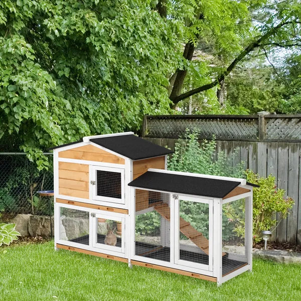 PawHut Outdoor Rabbit Hutch 2-Story Wooden Bunny Cage with Ramp Weatherproof Roof Yellow - product image 2