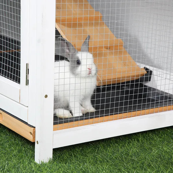 PawHut Outdoor Rabbit Hutch 2-Story Wooden Bunny Cage with Ramp Weatherproof Roof Yellow - product image 8