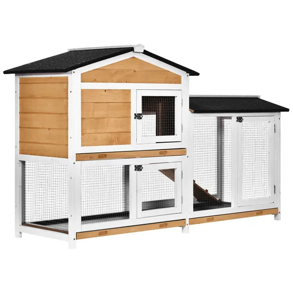 PawHut Outdoor Rabbit Hutch 2-Story Wooden Bunny Cage with Ramp Weatherproof Roof Yellow - product image 1