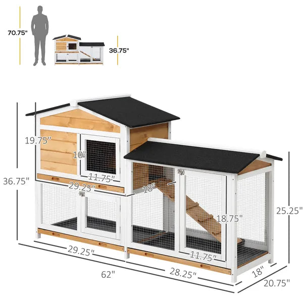 PawHut Outdoor Rabbit Hutch 2-Story Wooden Bunny Cage with Ramp Weatherproof Roof Yellow - product image 3