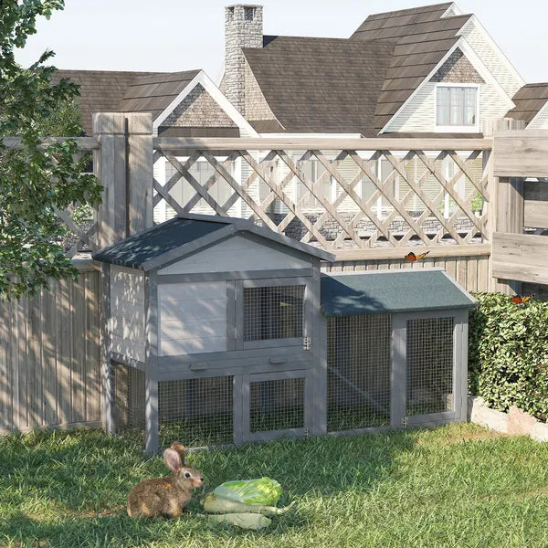 Outdoor Rabbit Hutch Wooden Bunny Cage Guinea Pig House with Run Area Removable Tray Asphalt Roof Lockable Doors Ramp Gray - product image 2