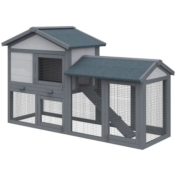 Outdoor Rabbit Hutch Wooden Bunny Cage Guinea Pig House with Run Area Removable Tray Asphalt Roof Lockable Doors Ramp Gray - product image 11
