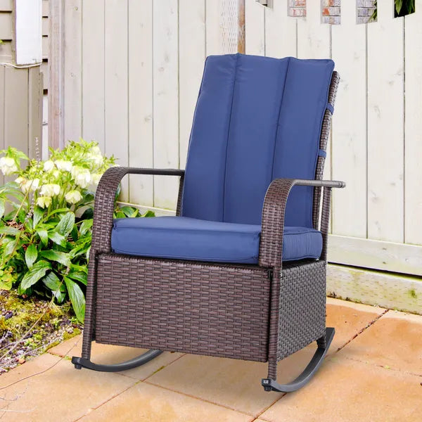 Outdoor Rattan Chair Patio Recliner with with Soft Cushion, Adjustable Footrest, Blue - product image 2