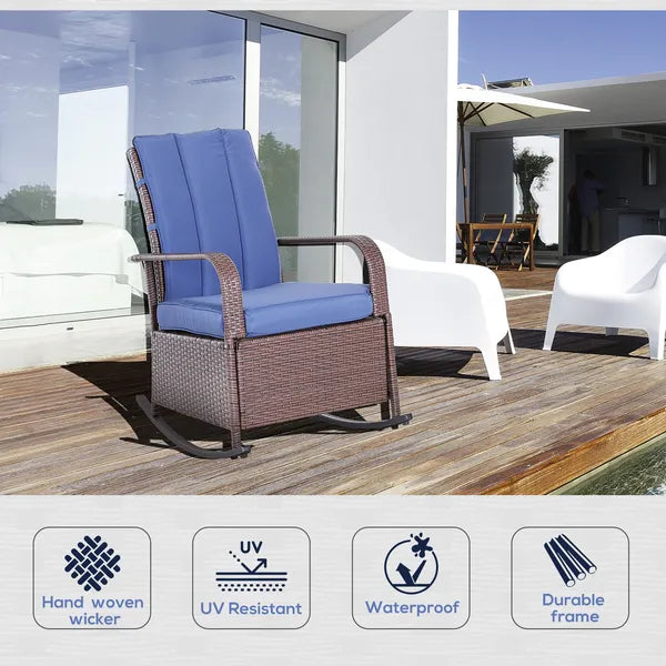 Outdoor Rattan Chair Patio Recliner with with Soft Cushion, Adjustable Footrest, Blue - product image 4
