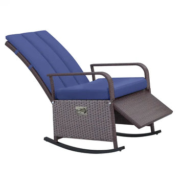 Outdoor Rattan Chair Patio Recliner with with Soft Cushion, Adjustable Footrest, Blue - product image 1