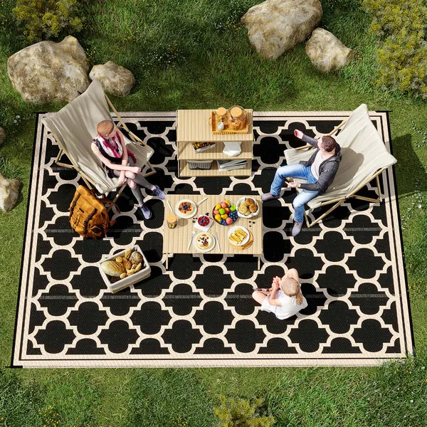 Outsunny Outdoor Rug 9x12 Modern Reversible Folding Plastic Four Straps for Backyard Deck Picnic Camping Black Beige - product image 8