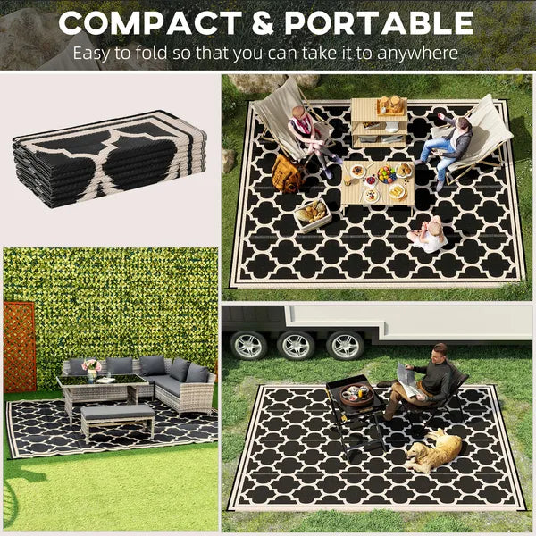 Outsunny Outdoor Rug 9x12 Modern Reversible Folding Plastic Four Straps for Backyard Deck Picnic Camping Black Beige - product image 4