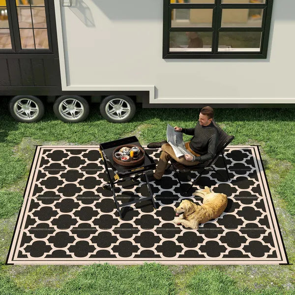Outsunny Outdoor Rug 9x12 Modern Reversible Folding Plastic Four Straps for Backyard Deck Picnic Camping Black Beige - product image 15