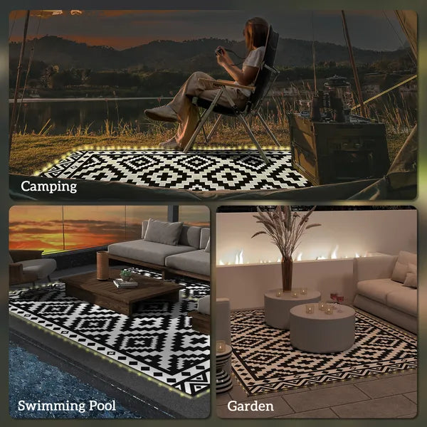 Outsunny Outdoor Rug Carpet Reversible Plastic Straw Rug with LED Lights Black and White 12' x 9' for Patio - product image 8
