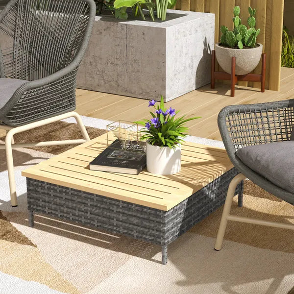 Outsunny Outdoor Side Table with PE Rattan, Patio End Table with Natural Fir Wood Top, Weather Resistant Accent Table for Patio Pool Porch, Gray - product image 2