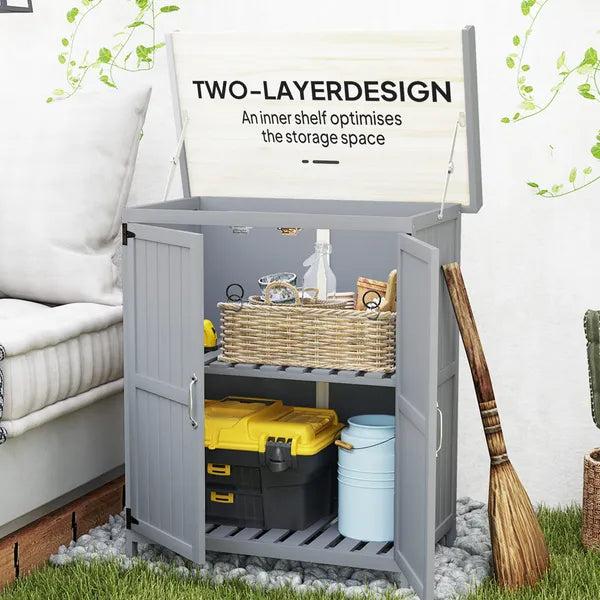Outdoor Storage Cabinet, Garden Tool Shed with Metal Tabletop and Shelf, Wooden Potting Bench with 2 Doors, Gray - product image 6
