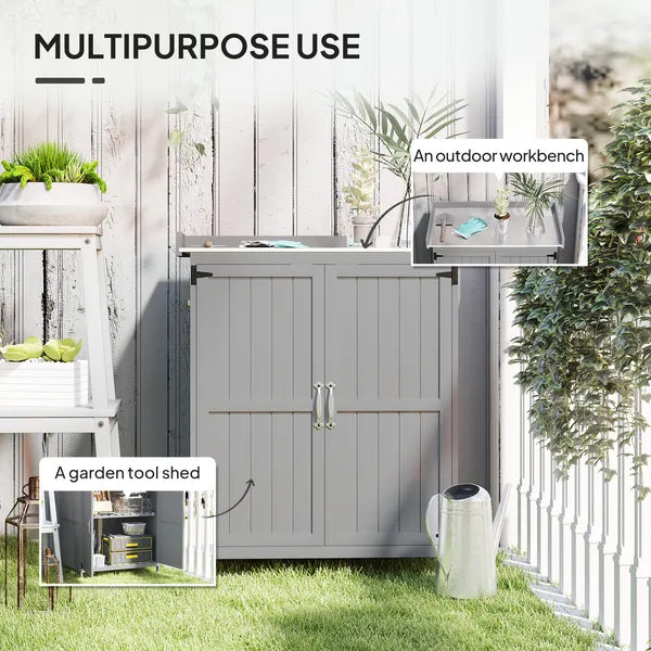 Outdoor Storage Cabinet, Garden Tool Shed with Metal Tabletop and Shelf, Wooden Potting Bench with 2 Doors, Gray - product image 4