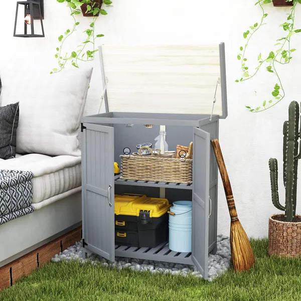 Outdoor Storage Cabinet, Garden Tool Shed with Metal Tabletop and Shelf, Wooden Potting Bench with 2 Doors, Gray - product image 10
