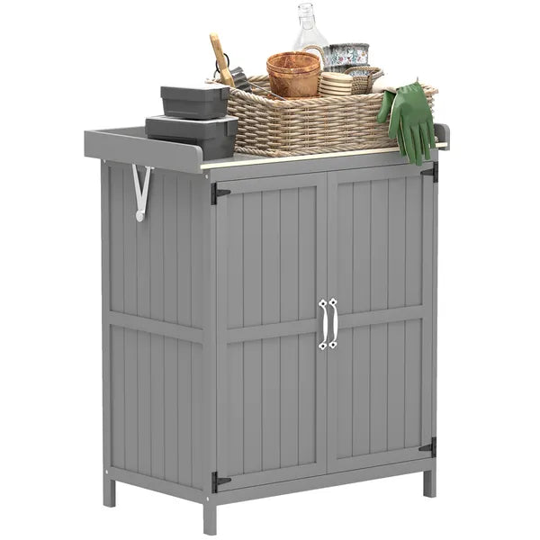 Outdoor Storage Cabinet, Garden Tool Shed with Metal Tabletop and Shelf, Wooden Potting Bench with 2 Doors, Gray - product image 11