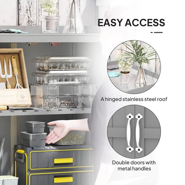 Outdoor Storage Cabinet, Garden Tool Shed with Metal Tabletop and Shelf, Wooden Potting Bench with 2 Doors, Gray - product image 5