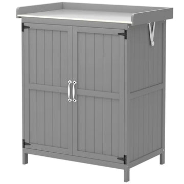 Outdoor Storage Cabinet, Garden Tool Shed with Metal Tabletop and Shelf, Wooden Potting Bench with 2 Doors, Gray - product image 1