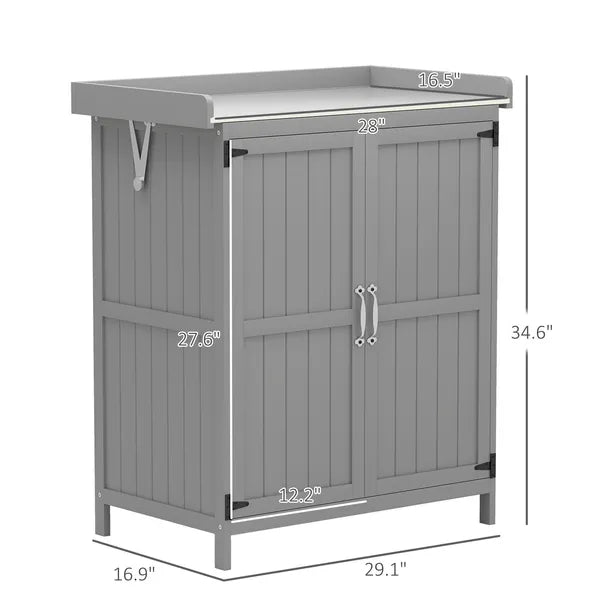 Outdoor Storage Cabinet, Garden Tool Shed with Metal Tabletop and Shelf, Wooden Potting Bench with 2 Doors, Gray - product image 3