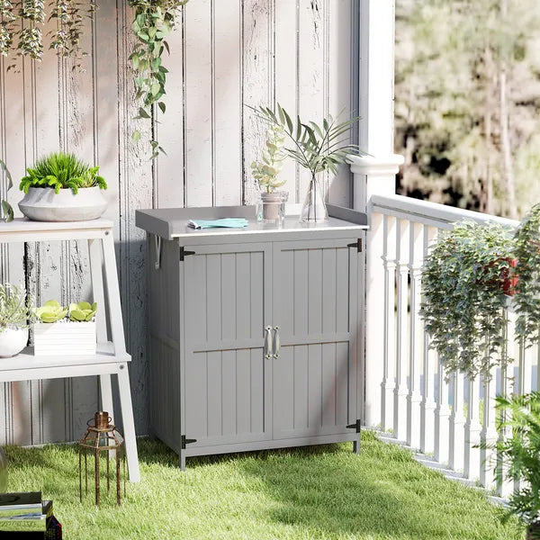 Outdoor Storage Cabinet, Garden Tool Shed with Metal Tabletop and Shelf, Wooden Potting Bench with 2 Doors, Gray - product image 2