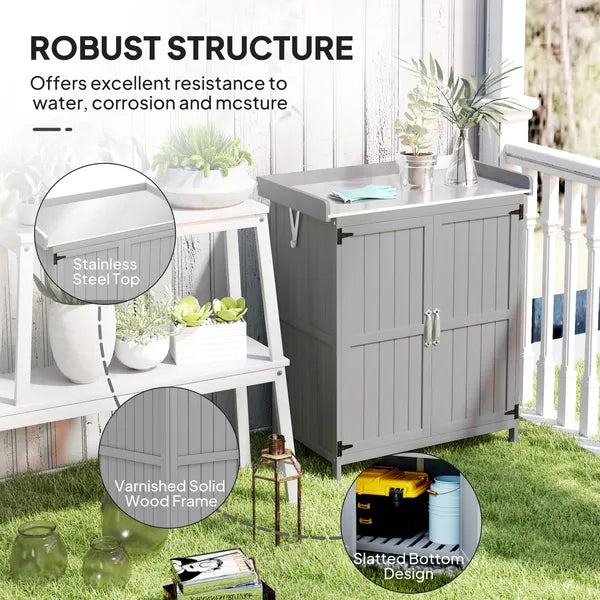 Outdoor Storage Cabinet, Garden Tool Shed with Metal Tabletop and Shelf, Wooden Potting Bench with 2 Doors, Gray - product image 7
