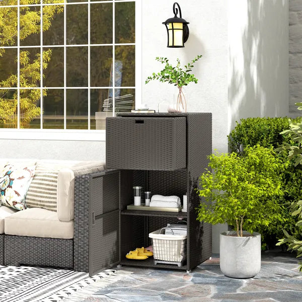 Outsunny Outdoor Towel Rack for Pool with Drawer and Cabinet, Dark Brown - product image 2