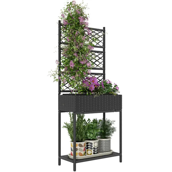 Outdoor Wicker Planter with Trellis for Climbing Plants, Freestanding Rattan Garden Box with Storage Shelf, Black - product image 11