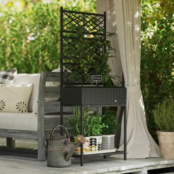 Outdoor Wicker Planter with Trellis for Climbing Plants, Freestanding Rattan Garden Box with Storage Shelf, Black - product image 2