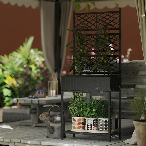 Outdoor Wicker Planter with Trellis for Climbing Plants, Freestanding Rattan Garden Box with Storage Shelf, Black - product image 9