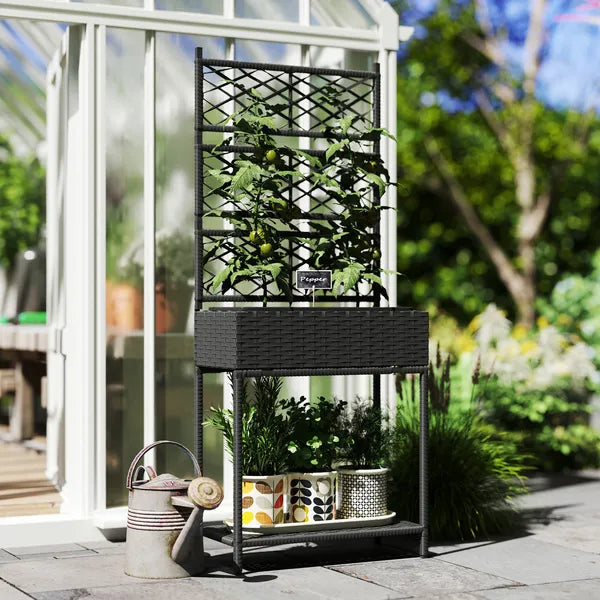 Outdoor Wicker Planter with Trellis for Climbing Plants, Freestanding Rattan Garden Box with Storage Shelf, Black - product image 10