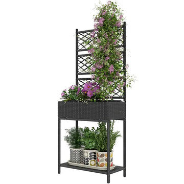 Outdoor Wicker Planter with Trellis for Climbing Plants, Freestanding Rattan Garden Box with Storage Shelf, Black - product image 1