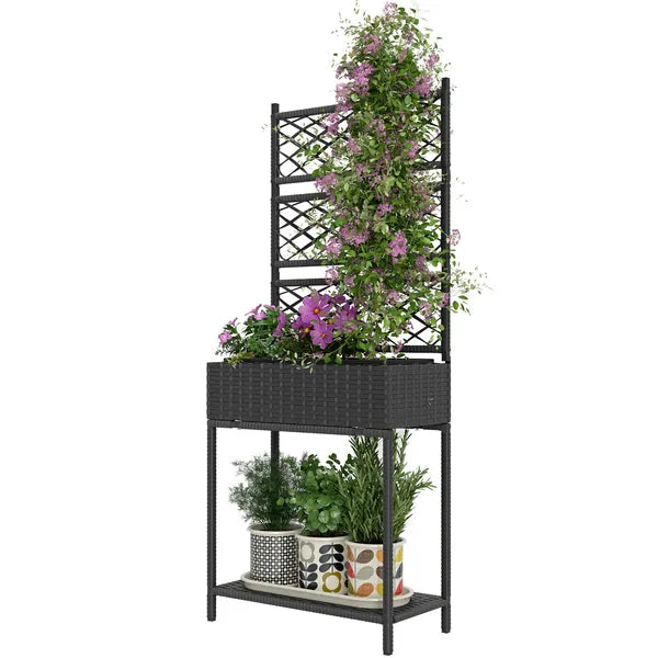 Outdoor Wicker Planter with Trellis for Climbing Plants, Freestanding Rattan Garden Box with Storage Shelf, Black - product image 1